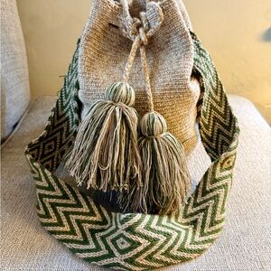 Wayuu Tribe Green and Cream Handwoven Bucket Bag with Tassels
